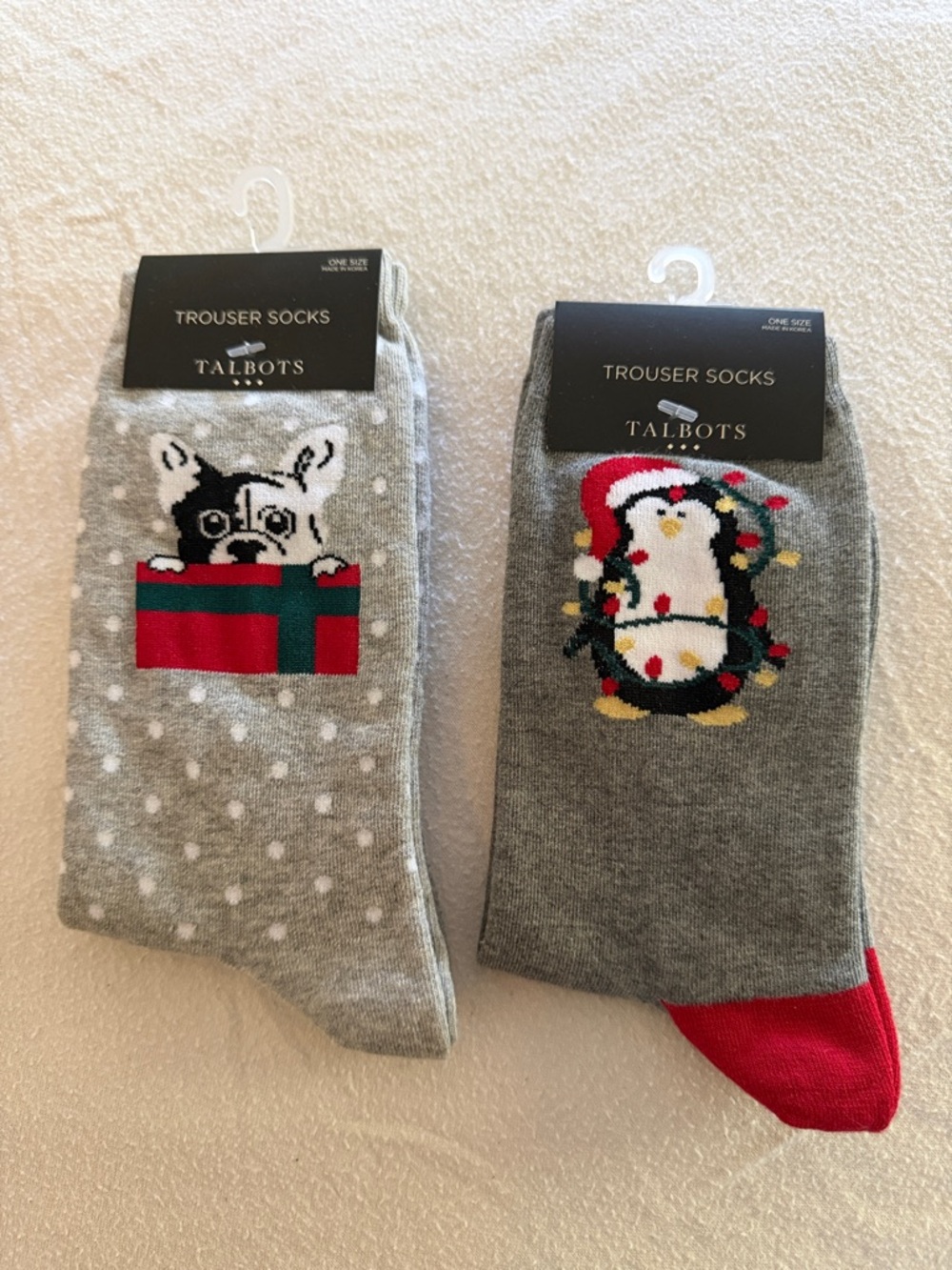 Talbots Grey Holiday Trouser Socks — Penguin & Dog Gift Motifs